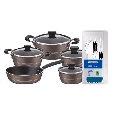 Imagem de Conjunto de Panelas Tramontina Sicilia com Revestimento Starflon Excellent Avelã – 5 Peças + Faqueiro 12 Peças Tramontina Leme - Azul