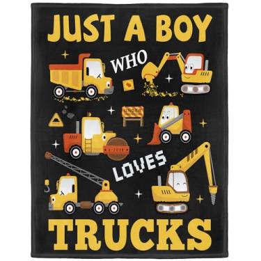 Imagem de XSMEI Cobertor de escavadeira para trator, cobertor Just A Boy Who Loves Construction Trucks, macio e aconchegante, presentes para meninos e crianças, 127 x 152 cm, preto