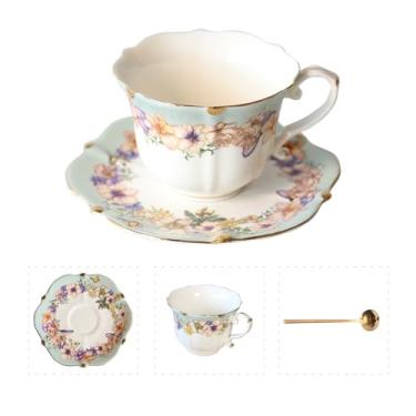 Imagem de Conjunto de xícara de chá e pires de porcelana floral vintage com colher, acabamento dourado, 181 g - conjunto de 1, azul-petróleo - xícaras de chá, café expresso e café (1, azul-petróleo)