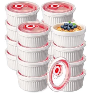 Imagem de LOYIM Pacote com 12 ramequins de 227 g com tampas, seguro para forno, porcelana, creme brulee, ramequins com tampas, copos de pudim branco, tigelas empilháveis de cerâmica para assar, lava-louças