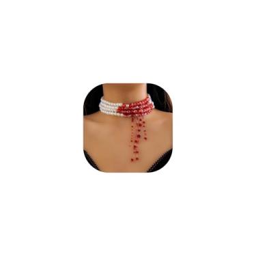 Imagem de Colares de sangue feitos à mão com pérolas artificiais, gota de sangue, contas de cristal, colar de franja, joia de vampiro de Halloween para mulheres, adjustable, Metal, Sem Pedra Preciosa