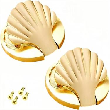 Imagem de Par de puxadores ocultos de liga de alumínio em forma de concha puxador de gaveta embutido para janelas armários porta de móveis, parafusos livres (escovado dourado, diâmetro externo: 60 mm/2,36 pol)