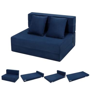 Imagem de Sofá-cama dobrável Takewep, cadeira futon com travesseiro, sofá cama de espuma viscoelástica de alta densidade, colchão dobrável para sala de estar/dormitório/apartamento, tamanho solteiro, azul