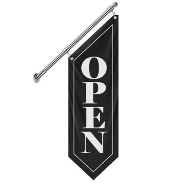 Imagem de QSUM Bandeira de parede de lona aberta, placa aberta para pendurar dupla face com poste de aço inoxidável e kit de montagem, banner comercial estilo vintage, bandeira aberta de 30,5 x 106,6 cm