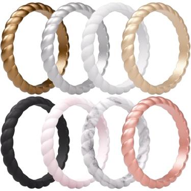 Imagem de ThunderFit Alianças de casamento femininas giratórias finas - anéis de casamento empilháveis de silicone - 2,5 mm de largura - 2 mm de espessura, 10.5 - 11 (20.6mm), Silicone, ouro rosa, ouro, bronze, prata, rosa