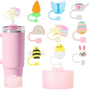 Imagem de SCRMROIA Capas de canudo de silicone e conjunto de botas de garrafa de água com laço de glitter, topos servem para canudos de 10 mm, capa protetora compatível com Stanley de 590 a 1,134 ml e garrafas