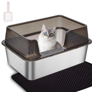 Imagem de Caixa de areia fechada de metal de aço inoxidável de metal com tampa colher e tapetes caixa de areia preta transparente fácil de limpar