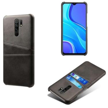 Imagem de Capas Compatível com Xiaomi Redmi 9 Prime,Caso de couro PU-Tampa de telefone a prova de choque com 2 slots de cartão,Proteção anti-impressão digital e anti-gota-Black