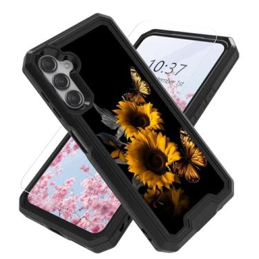 Imagem de Capa para Samsung Galaxy A15 5G com protetor de tela, resistente, à prova de choque, à prova de quedas, 2 em 1, capa protetora robusta para celular Samsung A15 5G 6,5 polegadas, girassóis e borboletas