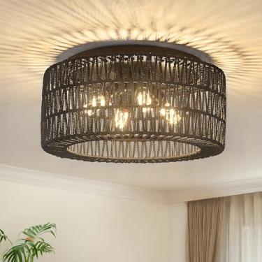Imagem de ABEAJAT Luminárias De Vime Para Teto, 4 Luzes, Estilo Boho, Embutidas, Com Cúpula Tecida À Mão, Lustre Fazenda 18'' Corredor, Quarto, Cozinha, Hall Entrada (Preto)