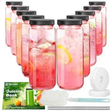 Imagem de Ruckae Pacote com 10 garrafas de suco rosa de 473 ml, garrafas de vidro com tampas, tampas e canudos, garrafa de água, copos para sucos, vitaminas, kombucha