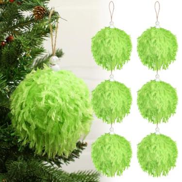 Imagem de Relaxgiant 6 peças de enfeites de bola de Natal peludos verdes 8,15 cm enfeites de elfo encaracolado felpudo bola de limão árvore de Natal decorações penduradas bola de pompom macio enfeites de natal
