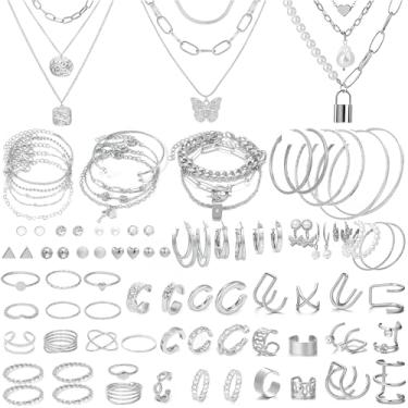 Imagem de NEWITIN Conjunto de 93 peças de joias de prata para mulheres moda bijuteria banhado a prata colar pulseira anel conjunto de brincos para mulheres