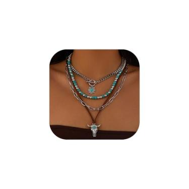 Imagem de CSIYANJRY99 Colares ocidentais em camadas para mulheres, vintage, turquesa, miçangas, joias ocidentais para mulheres, corrente cruzada, cacto com cabeça de boi, colares de corrente cruzada, concerto