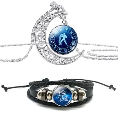Imagem de Ailiessy Colar com 12 constelações, 12 constelações, pingente de lua do zodíaco, conjunto de pulseiras de couro trançado para mulheres, joias de pedras preciosas, Metal, Strass