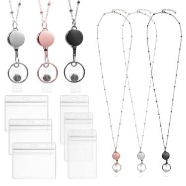 Imagem de Cordão retrátil de 3 peças para crachás de identificação de aço inoxidável com 6 peças de suporte de identificação à prova d'água para mulheres, professoras e adultos (preto, prata, ouro rosa)