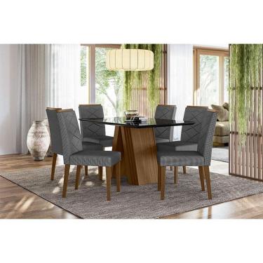 Imagem de Mesa de Jantar 135x90cm Ambiente Fernanda com Vidro Imbuia Preto e 6 Cadeiras Caroline Imbuia Linho Cinza Escuro - New Ceval