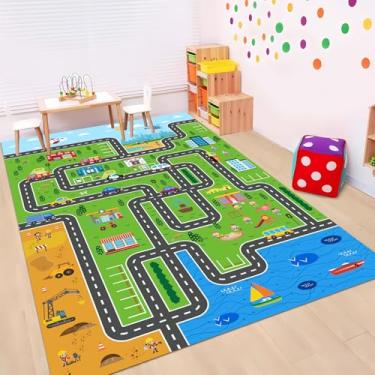 Imagem de LTKOUGFAM Tapete infantil para carro, tapete infantil para brincar com mapa de estrada da cidade, tapete educativo grande para crianças, tapete de pista de carro para meninos, tapetes infantis para