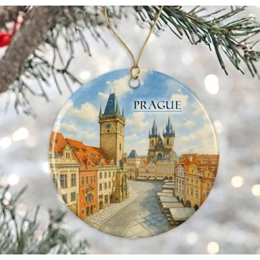 Imagem de Enfeite de aquarela de Praga - Lembrança de Natal de cerâmica - Aniversário de lua de mel - Lembrança de viagem - Presente de inauguração de casa - Presente para o amante de Praga impresso em ambos os