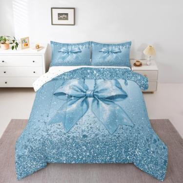 Imagem de Conjunto de cama solteiro com laço de aquarela, com glitter, azul, sem glitter, para decoração de quarto de meninos, meninas, adolescentes, conjunto de edredom fofo com laço de microfibra macia e 1