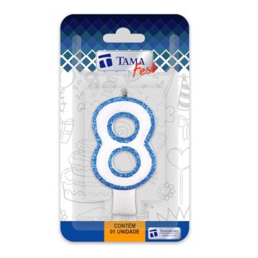 Imagem de Vela Aniversário Diamante Branco com Glitter Azul Nº 8 C/10 U