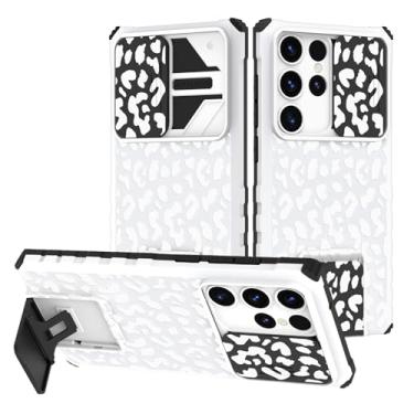 Imagem de Bonoma Capa para Samsung Galaxy S24 Ultra de 6,8 polegadas com capa de câmera deslizante, suporte ajustável Militray resistente, à prova de choque, capa protetora de corpo inteiro, leopardo branco