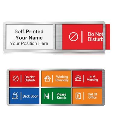 Imagem de Placas de porta de escritório personalizadas, placa de nome 2 em 1 com 6 opções, não perturbe, em uma reunião, fora do escritório, trabalhando remotamente, bata em breve, placa de nome personalizada