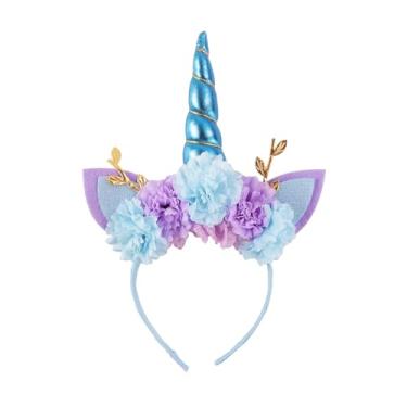 Imagem de Nishine Tiara De Unicórnio Com Coroa, Flor Artificial, Glitter, Chifre, Para Decoração Aniversário, Cosplay (Azul)