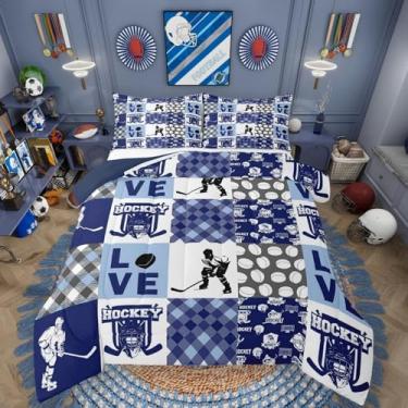 Imagem de Jogo de cama solteiro esportivo com bola de hóquei no gelo, temática de hóquei, jogos de hóquei, futebol europeu, bola e leque, azul