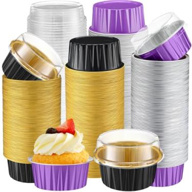 Imagem de Gejoy 400 peças de copos de alumínio para assar, com tampas, 142 g, ramequins descartáveis, mini formas de bolo, creme brulee, forros de cupcake, latas de muffin, molde de pudim, recipiente de