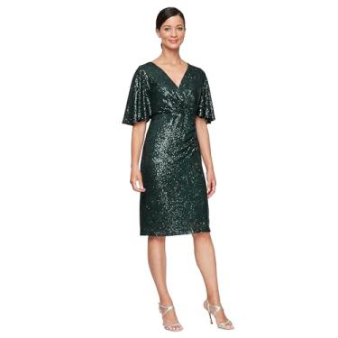 Imagem de S.L. Fashions Vestido feminino midi de manga curta com decote em V e cintura franzida, convidada para casamento, formal, vestido de noite, Verde multi, 44