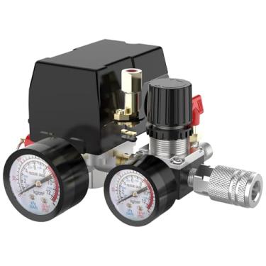 Imagem de Válvula de controle do interruptor de pressão do compressor de ar, interruptor de compressor de ar cnaodun 90-120 PSI equipa medidor regulador de pressão de quatro portas rosca 1/4 NPT