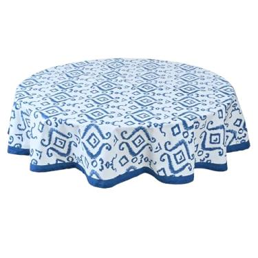 Imagem de TOSQP27 Toalha de mesa redonda de linho de algodão de 152 cm, cor azul, Dia de Ação de Graças, casamento, sala de jantar, festa, capa de mesa para mesas redondas, ambientes internos e externos, 03