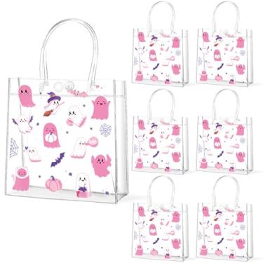 Imagem de 24 peças de sacos de festa de presente de PVC transparente rosa com alças Boo Ghost Goodie Pumpkin Treat Candy Bags Ghost Gift Bag para meninos festa de aniversário lembrancinha de chá de bebê