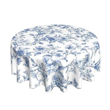 Imagem de JEFERSO Toalha de mesa redonda floral azul 178 cm toalha de mesa floral azul decoração chinoiserie toalha de mesa vintage flor tecido poliéster fazenda capa de mesa redonda para cozinha, festa, jantar