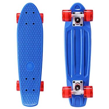 Imagem de Playshion Skate infantil | 56 cm x 15 cm | Componentes resistentes de deck de fibra de vidro - comporta até 99,8 kg | Projetado para meninos, meninas e adolescentes (azul/vermelho claro)