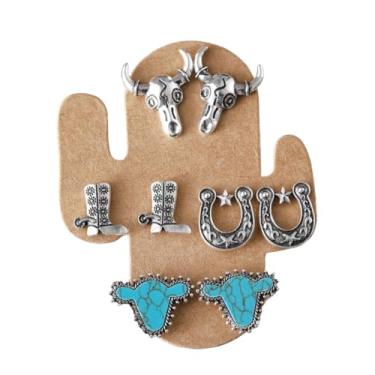 Imagem de Conjunto de brincos femininos turquesa ocidental, cabeça de gado, turquesa, chapéu de vaqueira, concho, ferradura, brincos vintage retrô, estilo faroeste, acessórios de joias de vaqueira, boêmio, Y2K