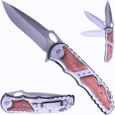 Imagem de Canivete Esportivo X36 Dobrável Aço Inoxidável com Cabo em Madeira Resistente Compacto Pesca Camping Elegante Clip para Bolso