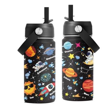 Imagem de FAIVHSO Presentes de astronomia espacial, garrafa de água infantil de 473 ml com tampa de palha, copo isolado de aço inoxidável, copos de presente de aniversário do planeta espacial astronauta