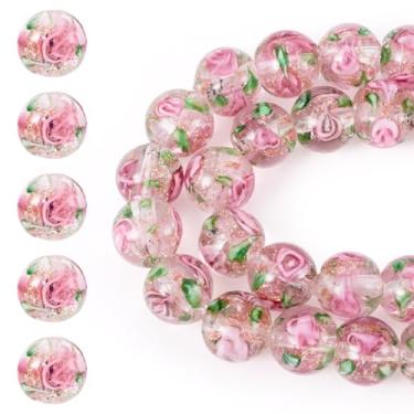 Imagem de Spritewelry 40 contas de vidro lampwork para pulseiras, contas de vidro rosa Rondelle de 10 mm para fazer joias, contas espaçadoras redondas com flor para colar, brincos, artesanato DIY