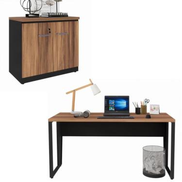 Imagem de Conjunto Escritório Office Escrivaninha e Armário Baixo 2 Portas com Chave Cor Marrom/Preto - Yaris