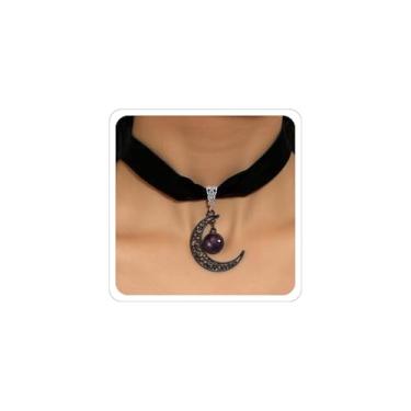 Imagem de ANGLEQUEEN Gargantilha preta feminina gótica de veludo vitoriano, acessório de bruxa, fantasia gótica, vintage, lua, joia de Natal, Metal, Sem Pedra Preciosa