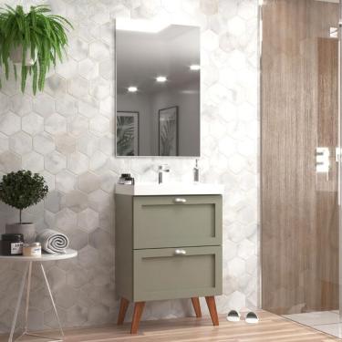 Imagem de Gabinete Para Banheiro Com Cuba E Espelho 60cm Retro Mdf Verde Milano - On Móveis