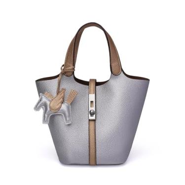 Imagem de Kadynow Bolsa feminina de couro vegano, bolsa de ombro com alça superior e bolsa pequena removível, A30-prata