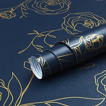 Imagem de Safiyya Papel de parede de 497.8 cm x 43.9 cm Papel de parede de contato dourado e azul Papel de parede floral autoadesivo removível para cobertura de quarto rolos de vinil