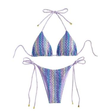 Imagem de Biquíni ZAFUL de 2 peças de corda triangular tricotada Halter Purple L