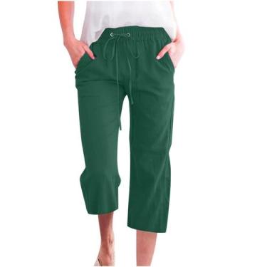 Imagem de Calças Capris femininas de algodão e linho Summer D02 Army Green XXXL 
