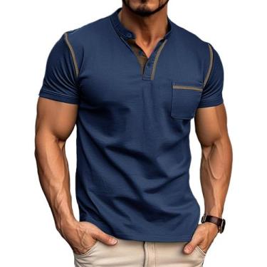 Imagem de Camisa Henley Gleam Ledra masculina de algodão de verão azul marinho