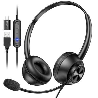 Imagem de New bee Fone de ouvido com microfone, fone de ouvido com fio com USB-A e USB-C, fone de ouvido para computador para call center/trabalho/Skype Chat/cursos online