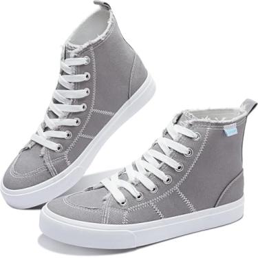 Imagem de Obtaom Sapatos femininos e masculinos de lona de cano alto, tênis fashion de cano médio casual com cadarço, cano alto, sapatos de lona lavados, Cinza, 5 Women/4.5 Men